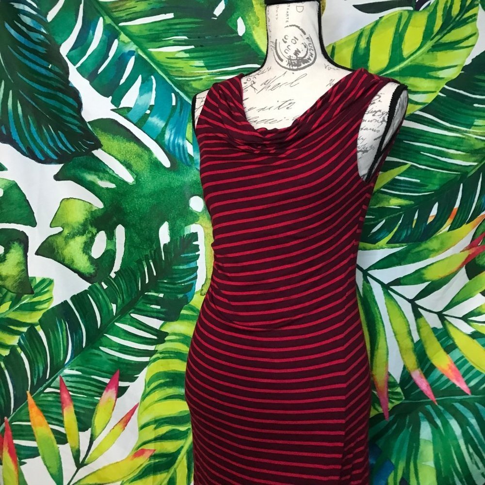 Euc $89 Loft Sp Red Pink Striped Scoop Neck Cinched Waist Work Summer Fall Dress
